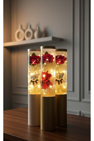 Store AYICIKLI PELUŞLU LED IŞIKLI ASETAT KUTUDA TEK GÜL HEDİYELİK 43CM-8CM