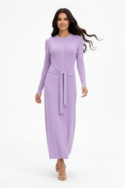 Cara Women's Knitwear Long Dress Belted Standard Size Buttoned Length Hijab C...