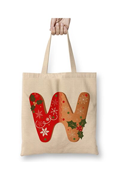 Toyaso Γράμμα W Λευκή υφασμάτινη τσάντα με μακριά λαβή Τσάντα αγορών Τσάντα π...