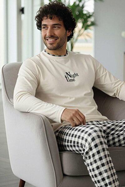 Pijamaevi Ecru Night Stylish Men's Long Sleeve Pajama Set