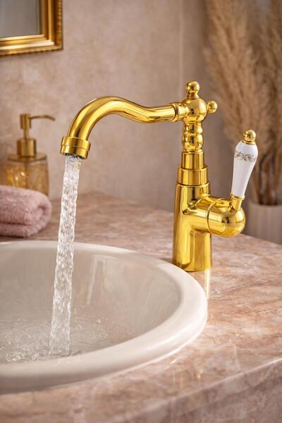 HT PRİMA Rustik Gold Lavabo Bataryası Seramik Kollu Klasik Tasarım