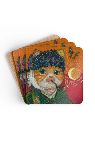 BASKIBAZAR Since 2020 Van Gogh Portrait Printed 4-Piece Wooden Coaster Set, 5...