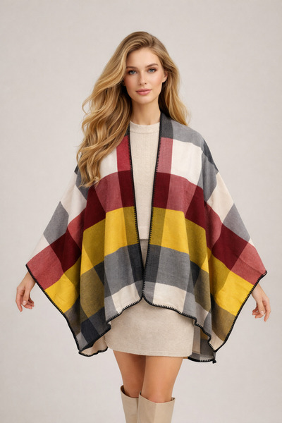 Şirin Giyim Aksesuar Πόντσο Γυναικείο με Ανοιχτό Μπροστινό Μέρος, Καρό - Σάλι...