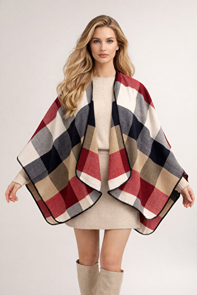 Şirin Giyim Aksesuar Πόντσο Γυναικείο με Ανοιχτό Μπροστινό Μέρος, Καρό - Σάλι...