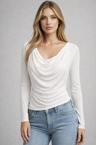 ince moda giyim Kadın Drapeli V Yaka Uzun Kollu Fit Bluz – Ekru