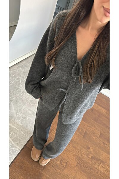 Vaveyla Anthracite Tie-Front Cardigan Elastic Waist Trousers Soft Knitwear Set