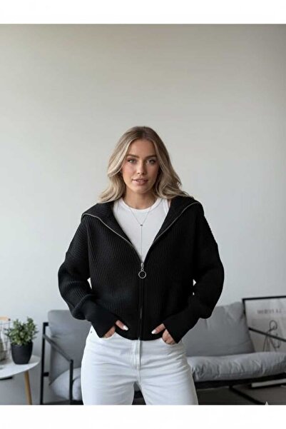 cheen Ceen Black Turn-Down Collar Zippered Knitwear Cardigan