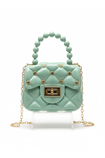 synshop Geantă de umăr din piele lacuită, verde turcoaz, cu piatră de silicon...