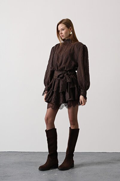 CKM MODA Aurelia Belted Lace Detailed Layered Mini Dress Brown