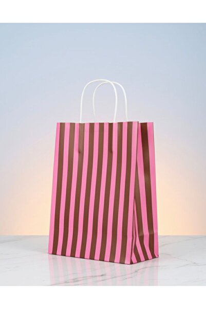 e Erta Çizgili Pembe Ve Kahverengi Çizgili Kraft Çanta 25x31 Cm 5Adet Hediye Poşeti,Hediye Paketi Kraft Kağıt Çanta