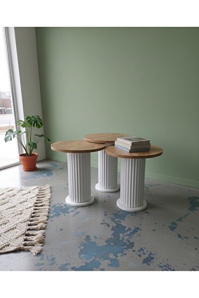 Kalafika Bohem 3’lü Zigon Sehpa Ptt Ayak-Beyaz Ayak Çam Üst Tabla