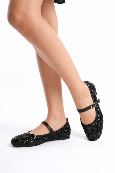 STOCON Glittery Black Sequin Mary Jane Ballet Flats Stylish Buckle Orthopedic...
