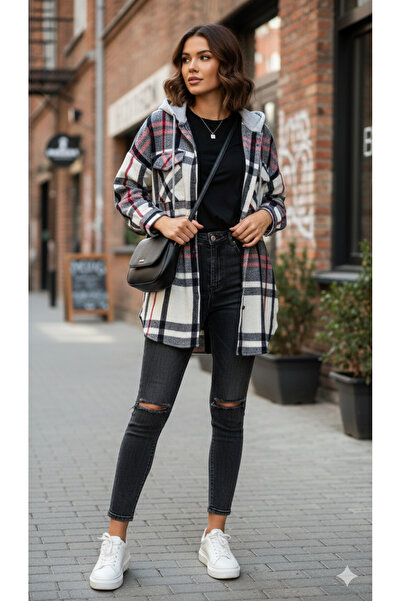 Polologin Butik Hooded Plaid Shirt Jacket - Black/White/Red Pattern