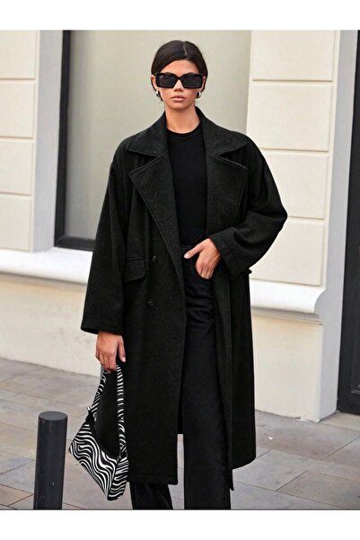 charme butik Women's Oversized Pattern Buttoned Lined Black Premium Long Coat