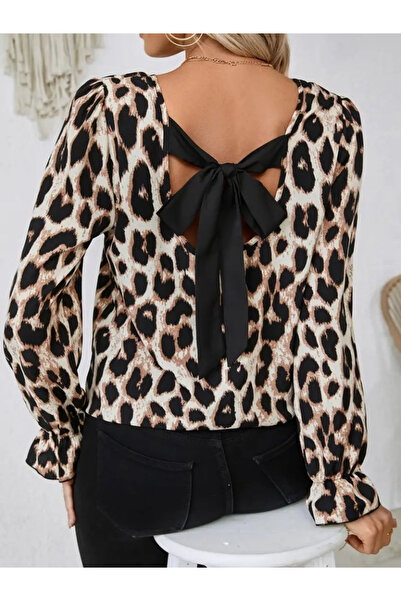 JANES Bluză imprimeu leopard Single Jersey pentru femei, cu mânecă lungă, cu ...