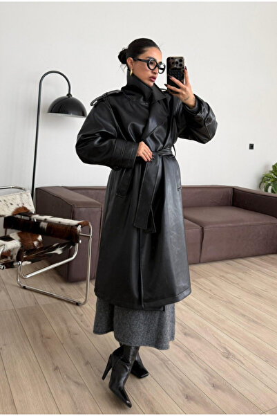 Hacer Balcı Siyah Kalın Astarlı Kuşaklı Deri Trenç - Soğuk ve Rüzgar Geçirmez