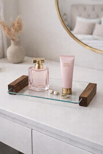 ENYAZA(2024) Ahşap Detaylı Cam Sunumluk Dekoratif Tepsi Altlık 25 x 13 cm