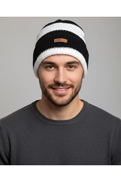 Çimen Butikk Hand Knitted Black and White Unisex Beanie