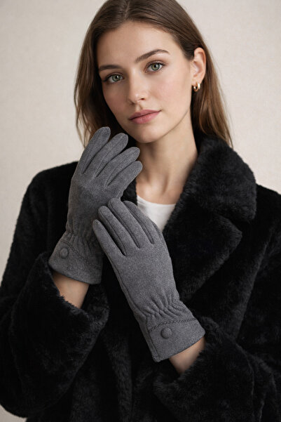 Şirin Giyim Aksesuar Kaşe Eldiven Gri Kadın Düğme Nakış Detay - Telefon Dokun...