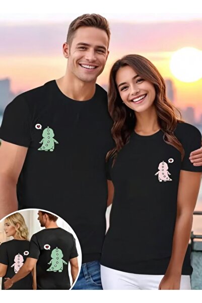 one button Tricou unisex drăguț cu imprimeu cu dinozauri, combinație de cuplu...
