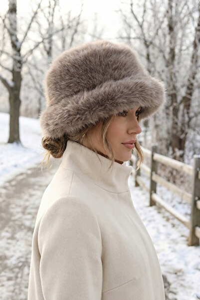 Kapin Coffee Faux Fur Plush Fluffy Cloak Hat - Brown