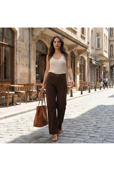 Vovikon High Waist Linen Brown Wide Leg Palazzo Pants