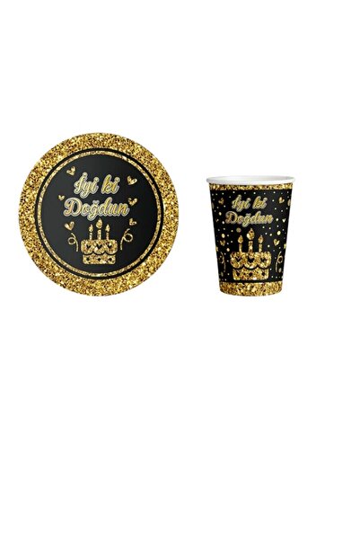 CAVAŞ sun hat Luxury Gold and Black Birthday Set - 8 Plates + 8 Cups