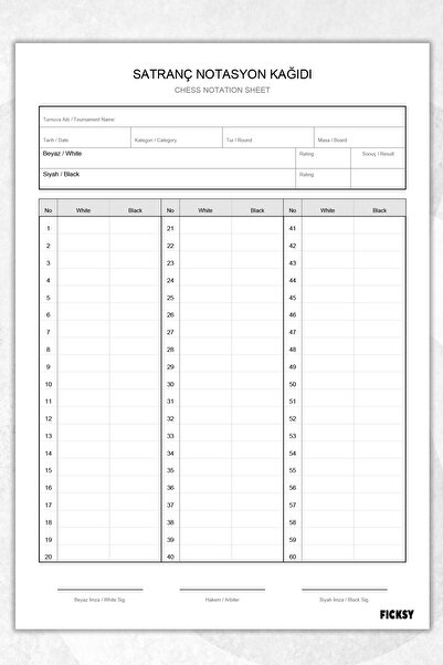 Ficksy Chess Notation Paper - A4 Size - 30 Sheets - Chess Notation Sheet - Ch...
