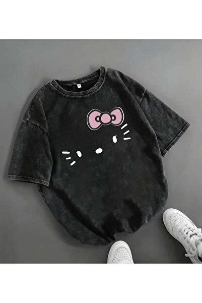 Le Savu Washable Kitty Face Printed Unisex Oversized Vintage T-Shirt