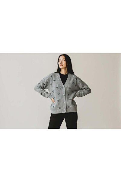 EREN STYLE Bow Patterned Steel Knitted Sweater V-Neck Cardigan