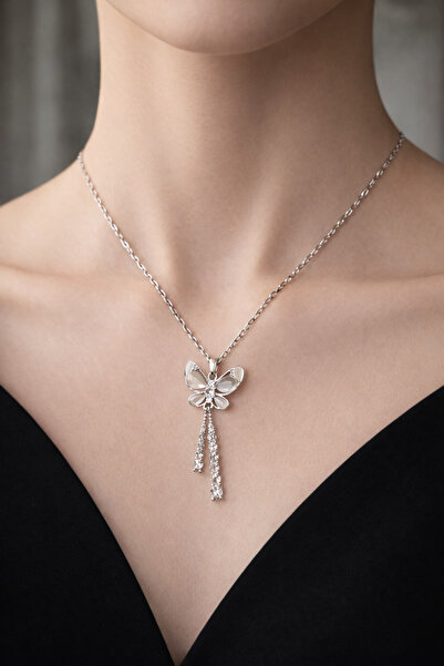 ATLASAKSESUARR Sedefli Sallantılı Taşlı Kelebek Çelik Kolye (HEDİYELİ , KUTULU)