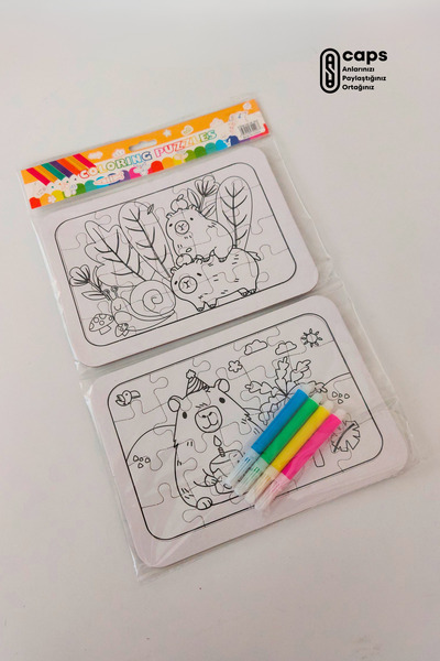 caps office 2 Adet Capybara Temalı 20 Parça Boyama Puzzle Seti (2 Adet) + 4 A...