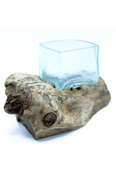 OEM Handmade Fused Glass Vase on Gamal Wood with Cracked Effect