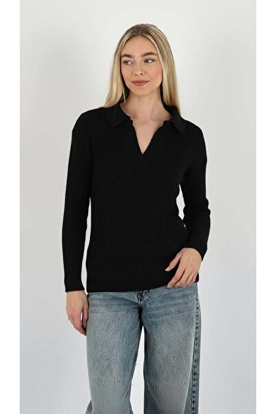 Miss Poem Women's Winter V-Neck Black Knit Sweater
