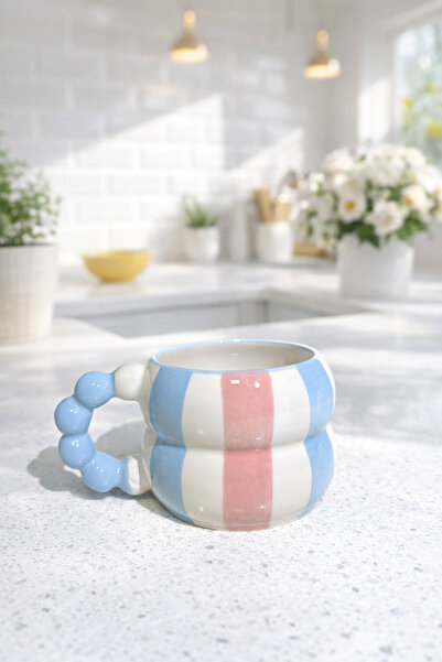 İZart Boncuk Kulp MAVİ - PEMBE ŞERİT DESENLİ Özel Tasarım El İşlemeli Seramik...