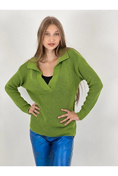 Miss Poem Women's Winter V-Neck Green Knit Sweater