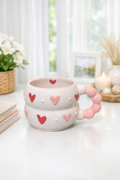 İZart Bead Handle Pink - Red with Heart Inside Special Embossed Hand Embroide...