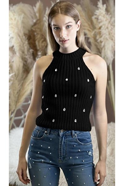 Miss Poem Black Crew Neck Basic Women's Sleeveless Knit Sweater with Stones o...