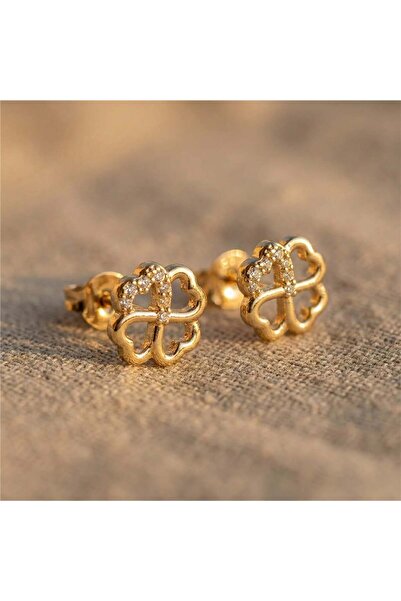 Zeino Dört Yaprak Yonca Taş Detaylı Küpe - 14k Altın Rengi Kaplama, 9 mm