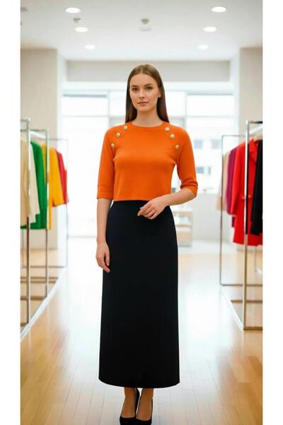 Miss Poem Women's Orange Half Sleeve Accessory Buttoned Knitwear Sweater