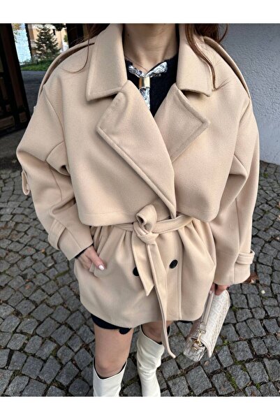 Lunea Womens Women's Beige Oversized Belted Pocket Short Coat