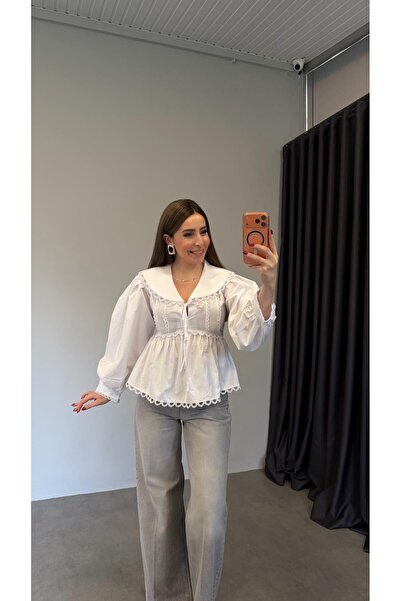 elif teke Premium Yaka Detaylı Poplin Gömlek Beyaz