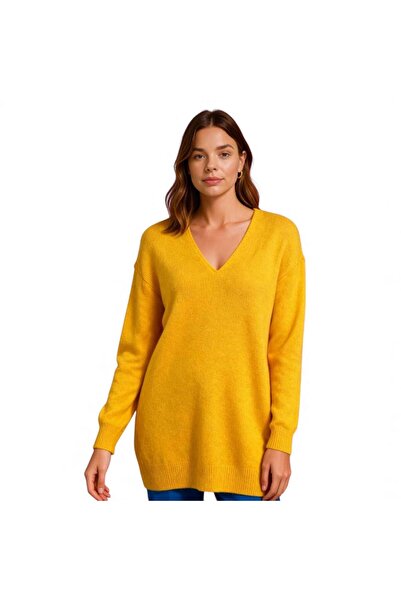 Miss Poem Women's Winter V-Neck Long Oversize Yellow Knitwear Sweater