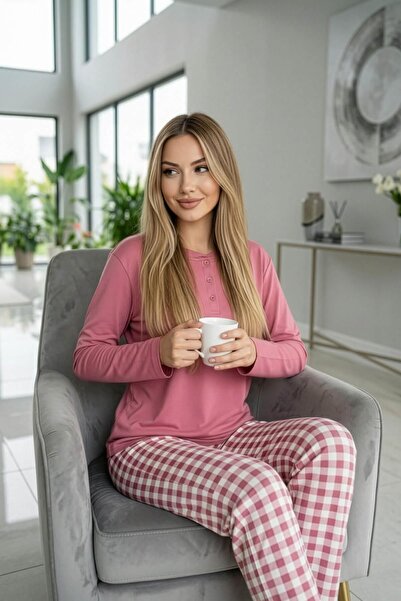 Pijamaevi Pembe Ekose Desenli Uzun Kollu Bambu Örme Kadın Pijama Takımı