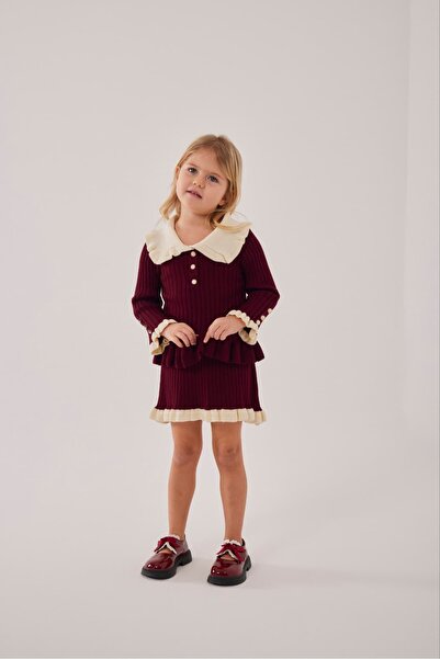 Pinkitokids Collar Detailed Knitwear Girl's Set-Burgundy
