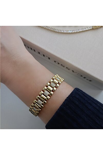 LENTE AKSESUAR Altın Kaplama Saat Kordonu Modeli Zirkon Taşlı Lüks Bileklik