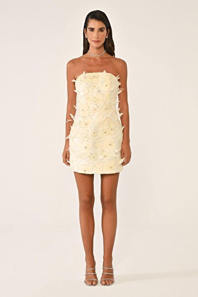 ALFABETA KADIN STRAPLEZ ÇİÇEK DETAYLI KISA PARTY ELBİSESİ
