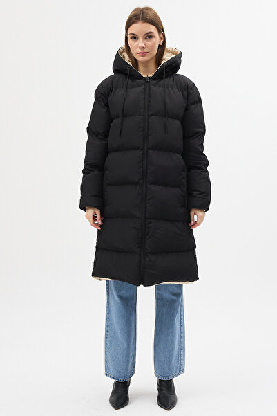 TREND KOMBİN Wide Fit Double-Sided Black-Cream Long Inflatable Coat Waterproo...