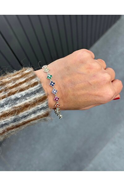 staınless steel Colorful Zircon Stone Clover Flower Model Steel Bracelet 17 cm