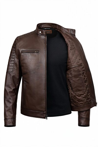 VELZANA Erkek Kuzu Derisi Deri Ceket Kahverengi – Slim Fit, Fermuarlı, Kapito...